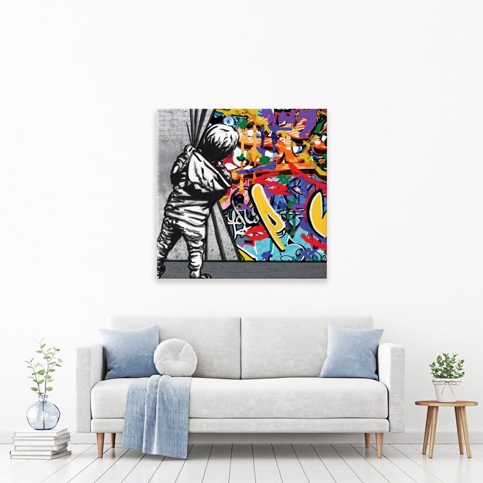 Boy Pulling Back The Curtain Square Canvas Print wall art product Banksy