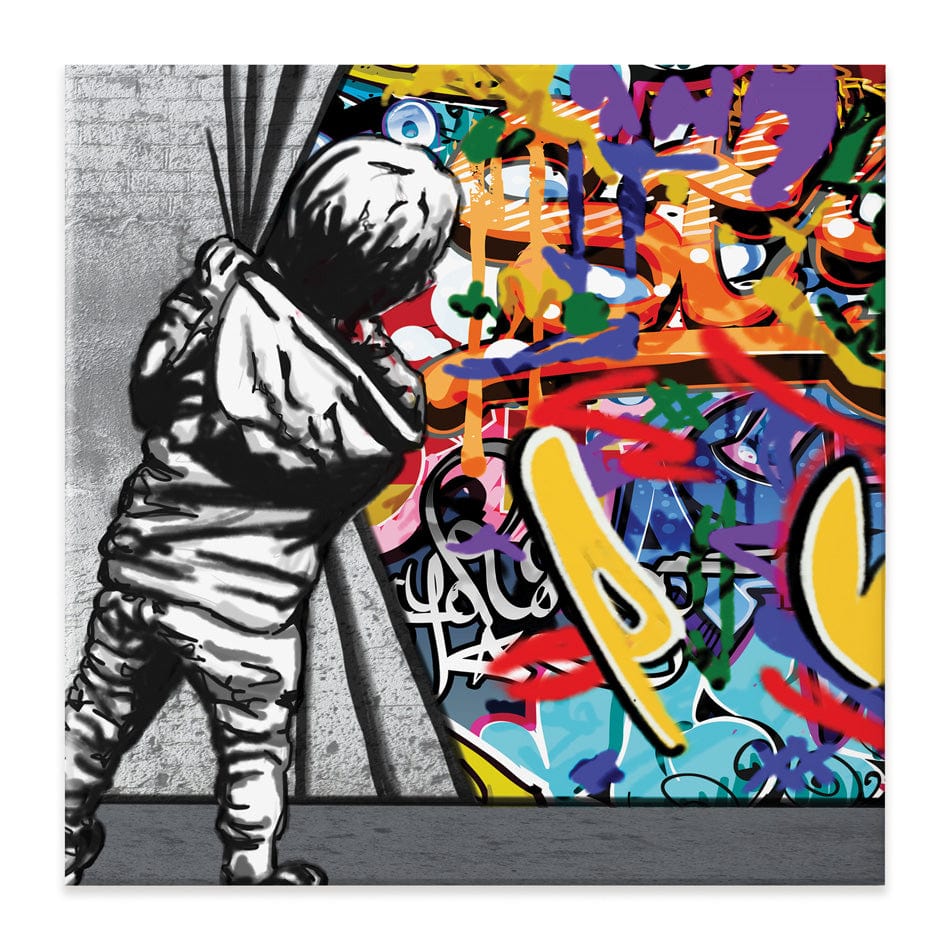 Boy Pulling Back The Curtain Square Canvas Print wall art product Banksy