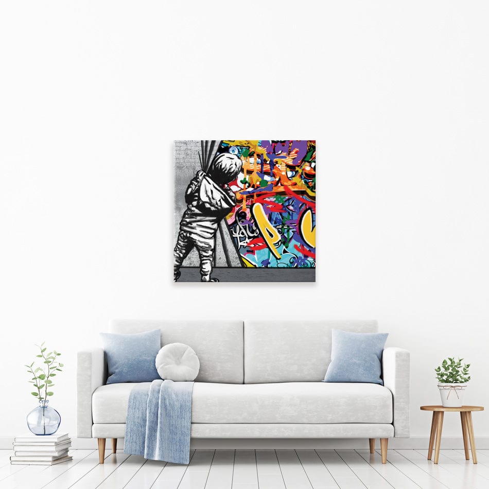 Boy Pulling Back The Curtain Square Canvas Print wall art product Banksy