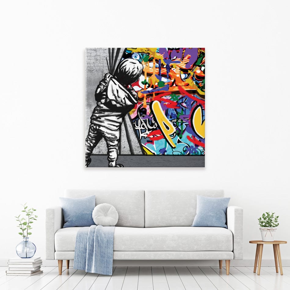 Boy Pulling Back The Curtain Square Canvas Print wall art product Banksy