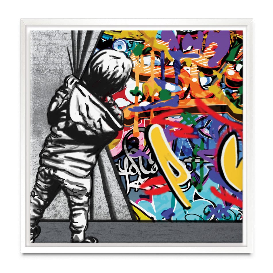 Boy Pulling Back The Curtain Square Canvas Print wall art product Banksy