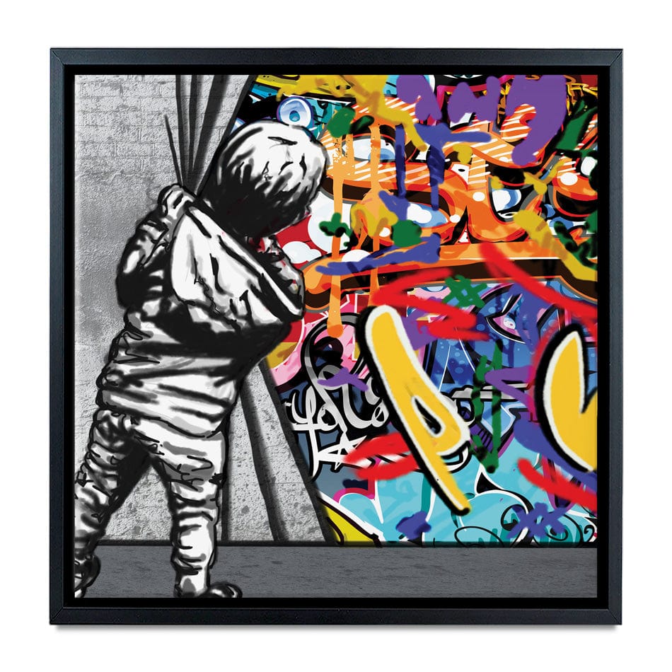 Boy Pulling Back The Curtain Square Canvas Print wall art product Banksy