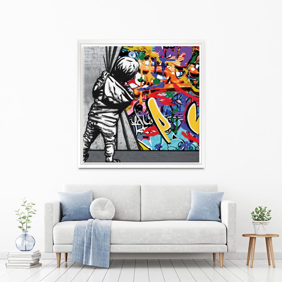 Boy Pulling Back The Curtain Square Canvas Print wall art product Banksy