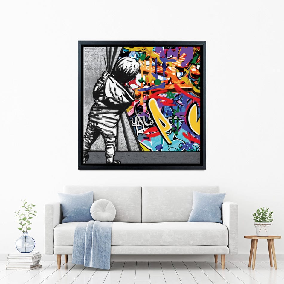 Boy Pulling Back The Curtain Square Canvas Print wall art product Banksy