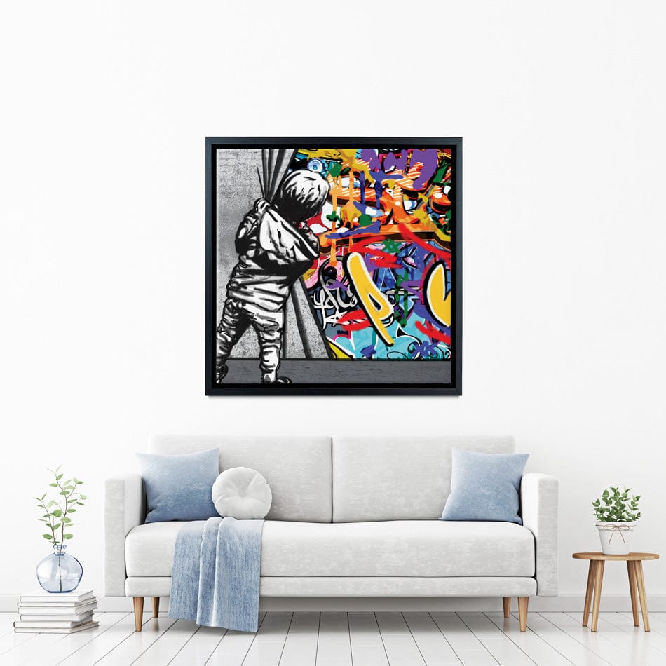 Boy Pulling Back The Curtain Square Canvas Print wall art product Banksy