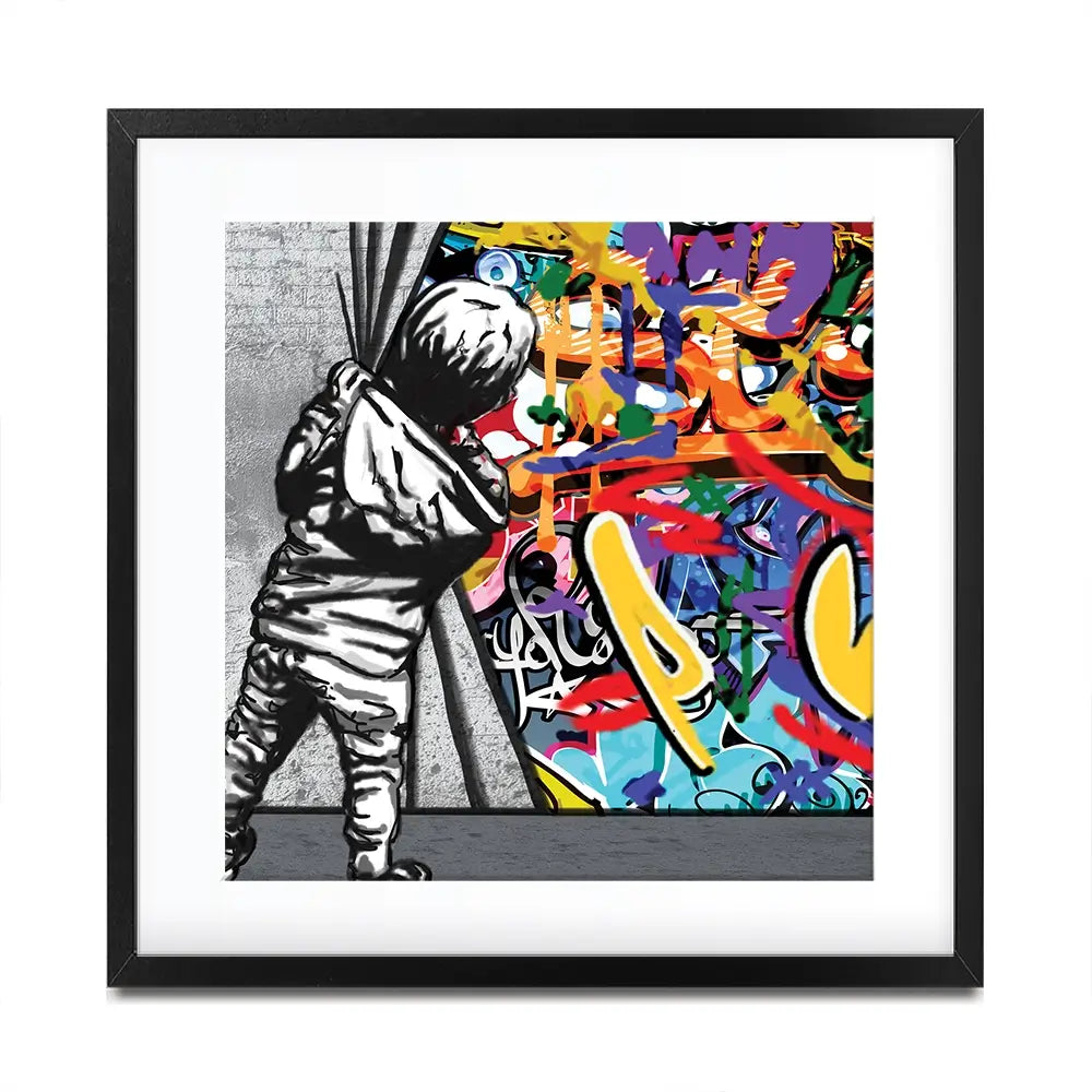 Boy Pulling Back The Curtain Square Framed Art Print Boy Pulling Back The Curtain Square Framed Art Print wall art product Banksy