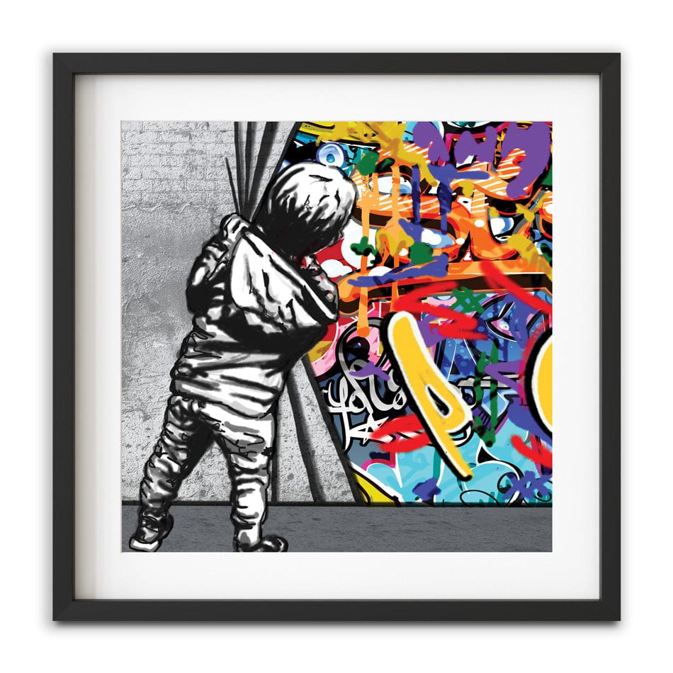 Boy Pulling Back The Curtain Square Framed Art Print wall art product Banksy