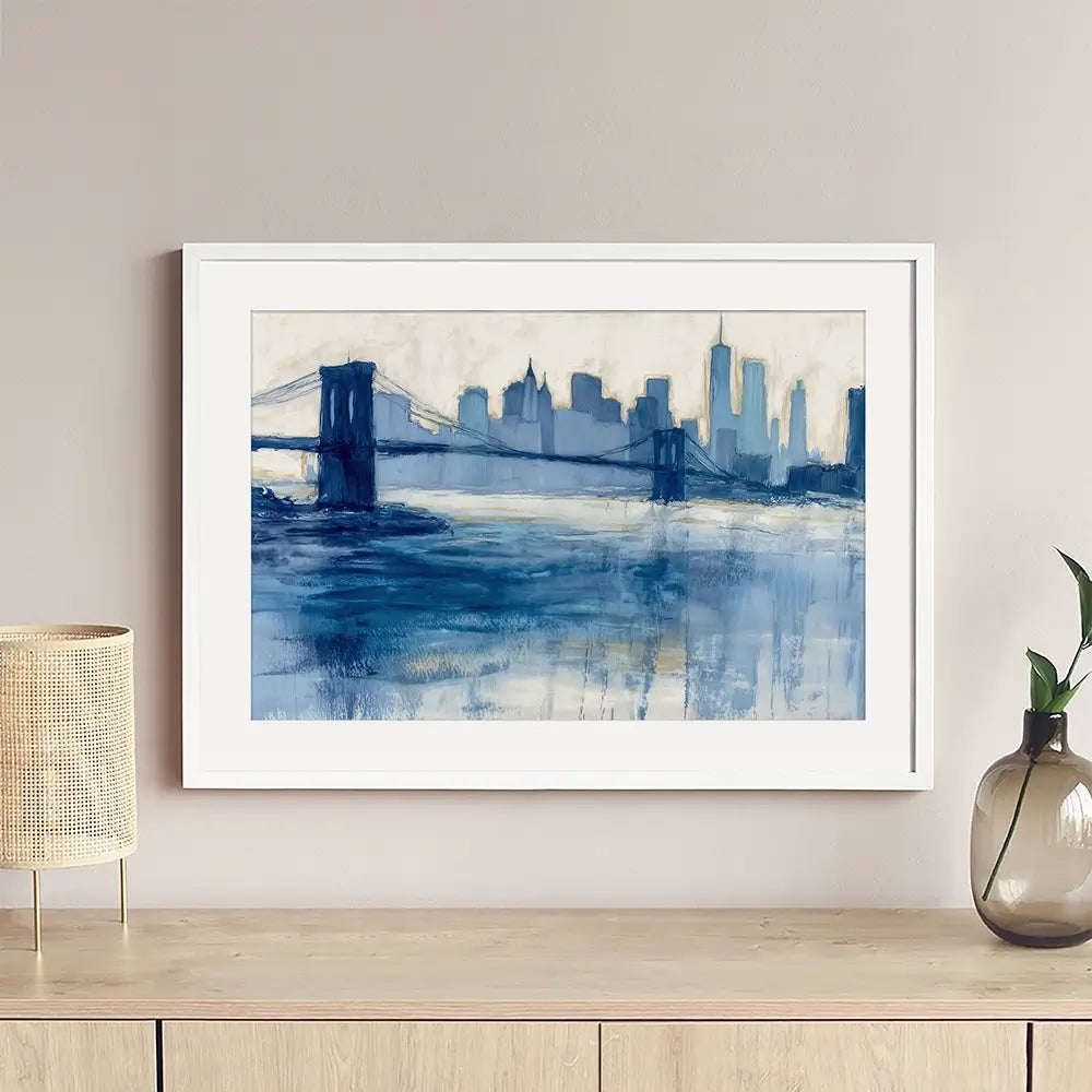 Bridge Skyline Indigo Wash Framed Art Print Bridge Skyline Indigo Wash Framed Art Print wall art product Chromatic Storm Studio