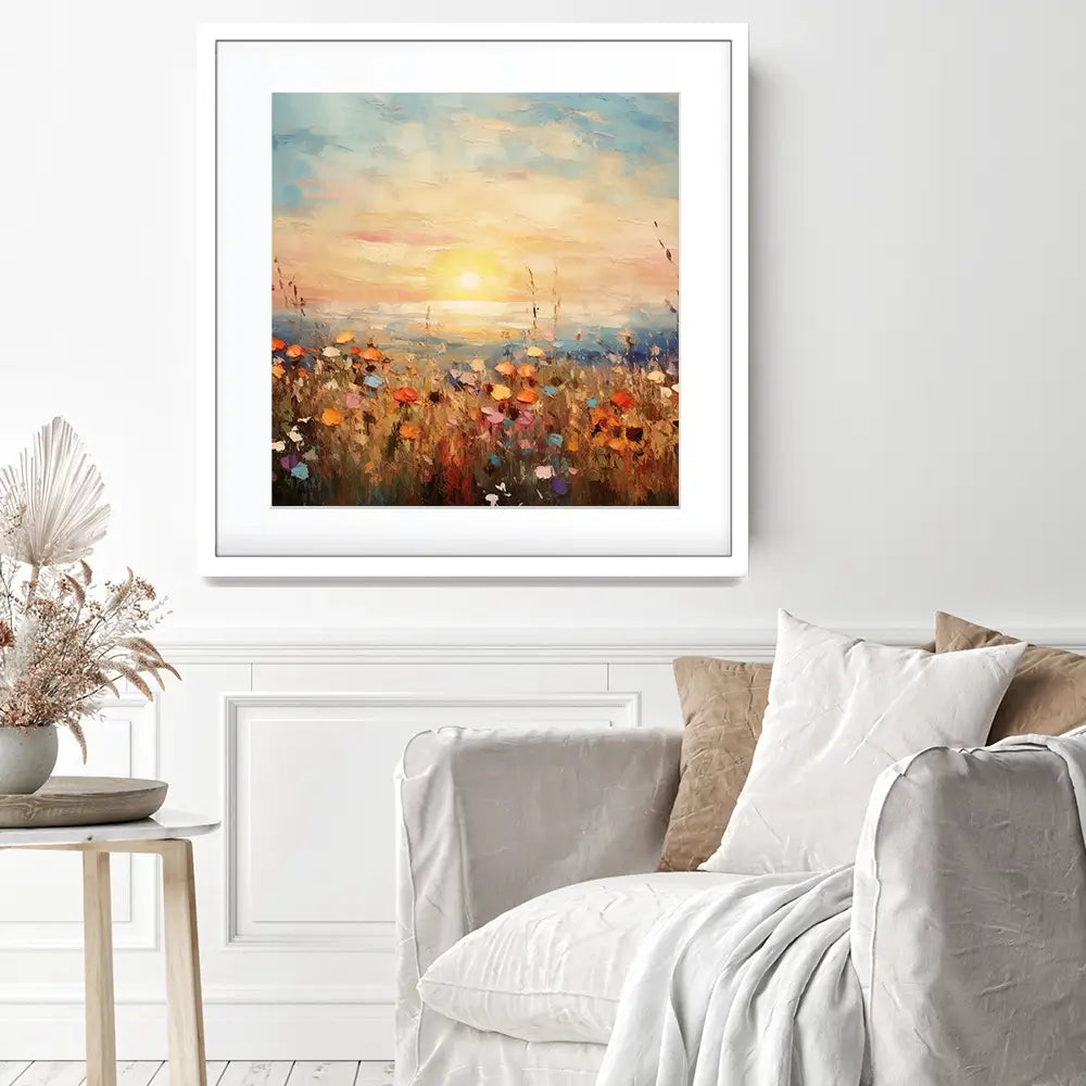 Bright Meadow Sunrise Square Framed Art Print Bright Meadow Sunrise Square Framed Art Print wall art product Art Print Shop