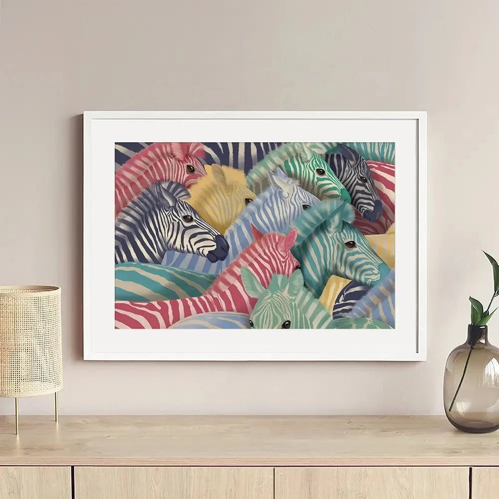 Bright Zebra Herd Framed Art Print Bright Zebra Herd Framed Art Print wall art product Fab Funky
