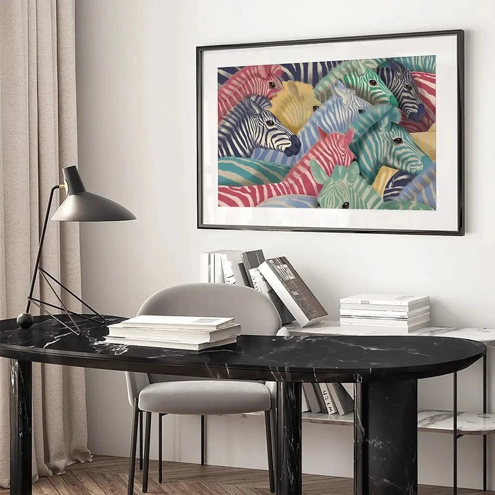 Bright Zebra Herd Framed Art Print Bright Zebra Herd Framed Art Print wall art product Fab Funky