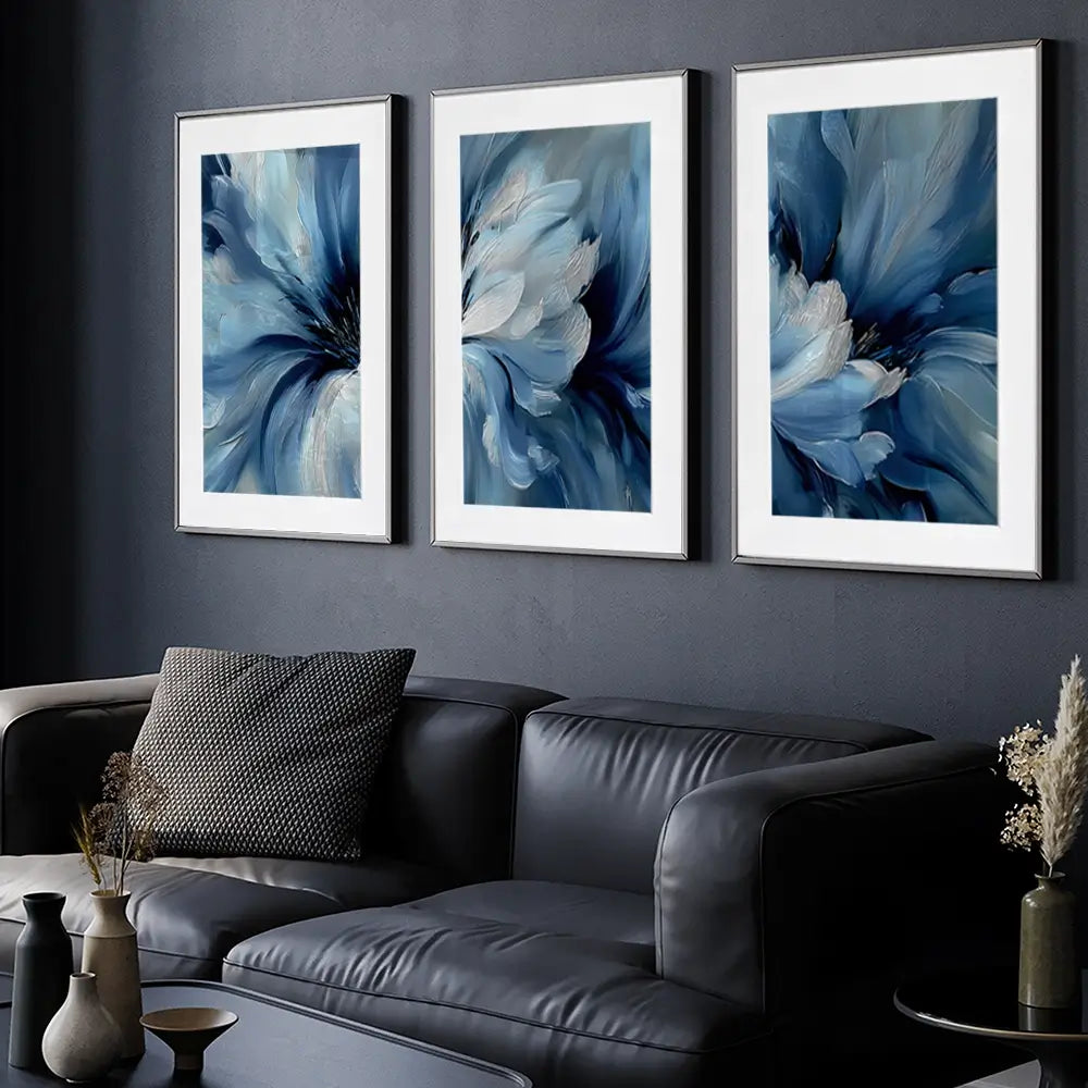 Brushed Blue Flowers Framed Art Print Trio Brushed Blue Flowers Framed Art Print Trio wall art product IAmHomeStudio