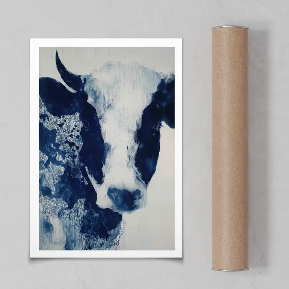 Calm Cow Portrait In Blue Art Print Calm Cow Portrait In Blue Art Print wall art product Chromatic Storm Studio