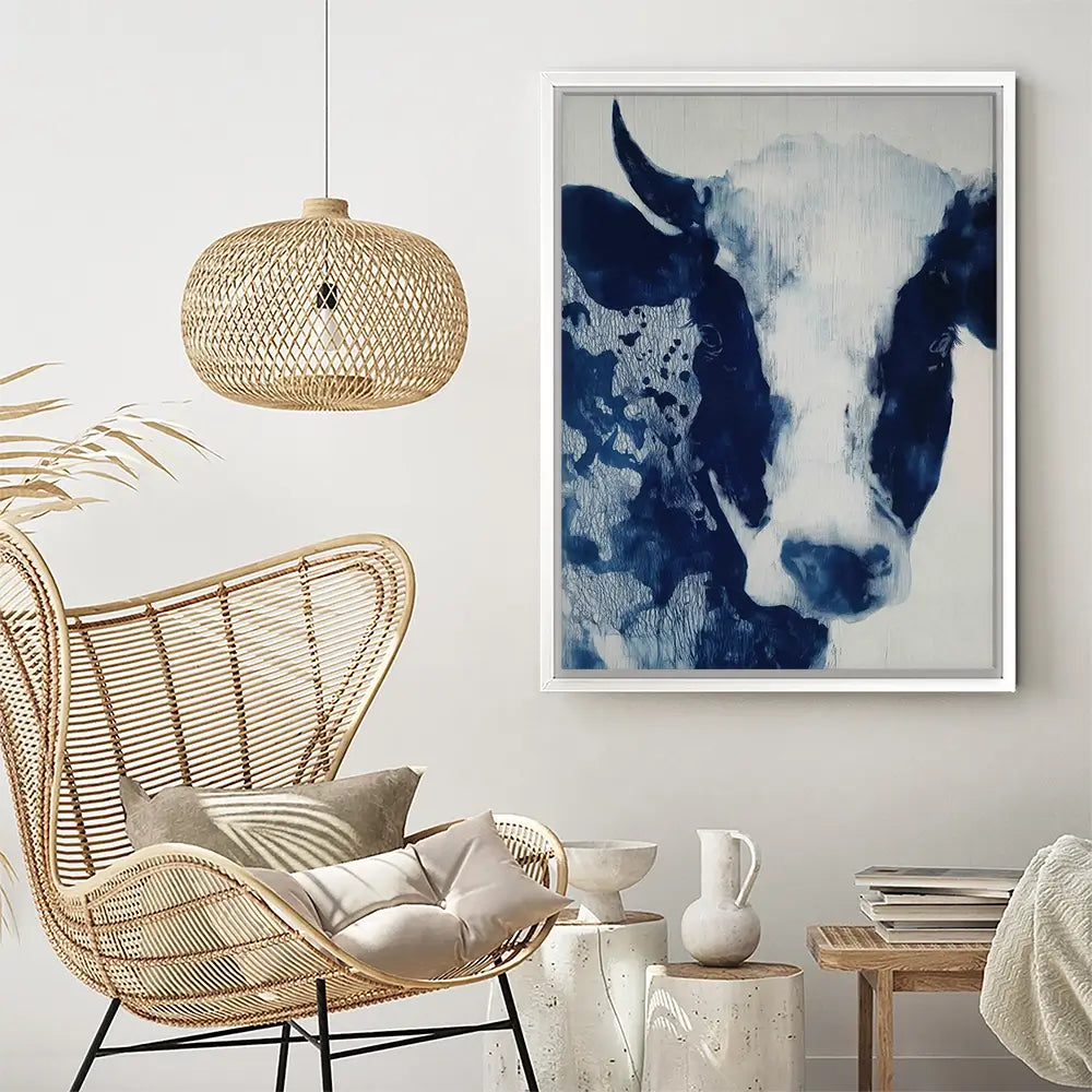 Calm Cow Portrait In Blue Canvas Print Calm Cow Portrait In Blue Canvas Print wall art product Chromatic Storm Studio