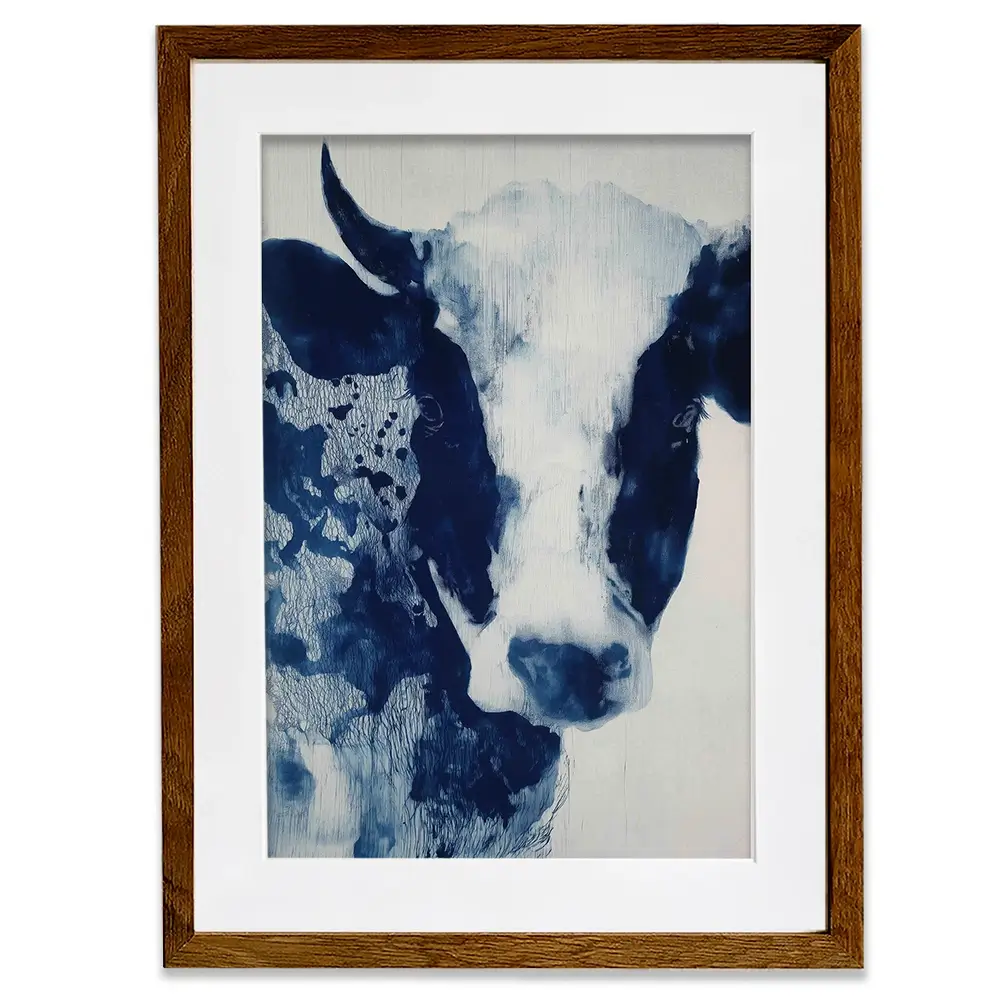 Calm Cow Portrait In Blue Framed Art Print Calm Cow Portrait In Blue Framed Art Print wall art product Chromatic Storm Studio