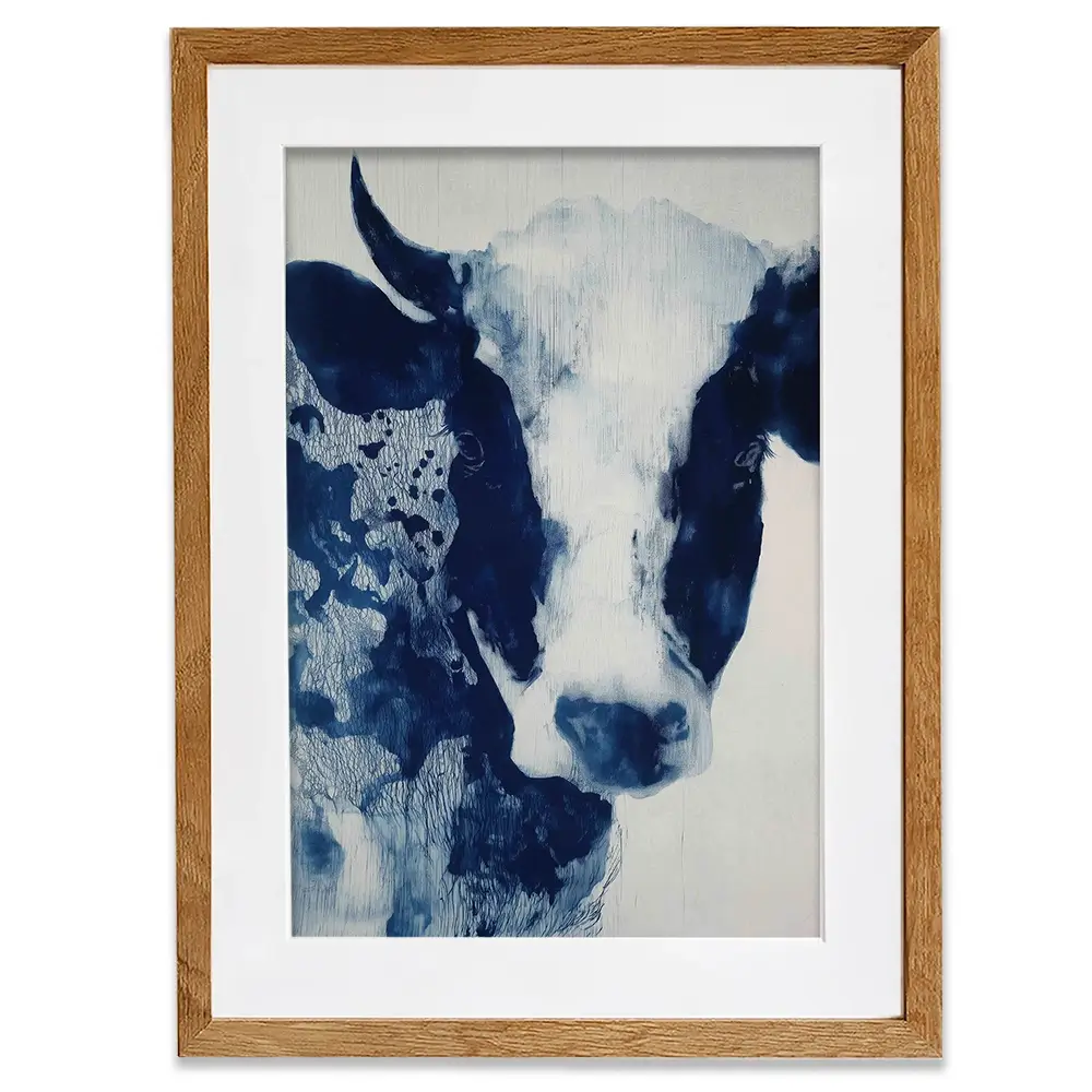 Calm Cow Portrait In Blue Framed Art Print Calm Cow Portrait In Blue Framed Art Print wall art product Chromatic Storm Studio