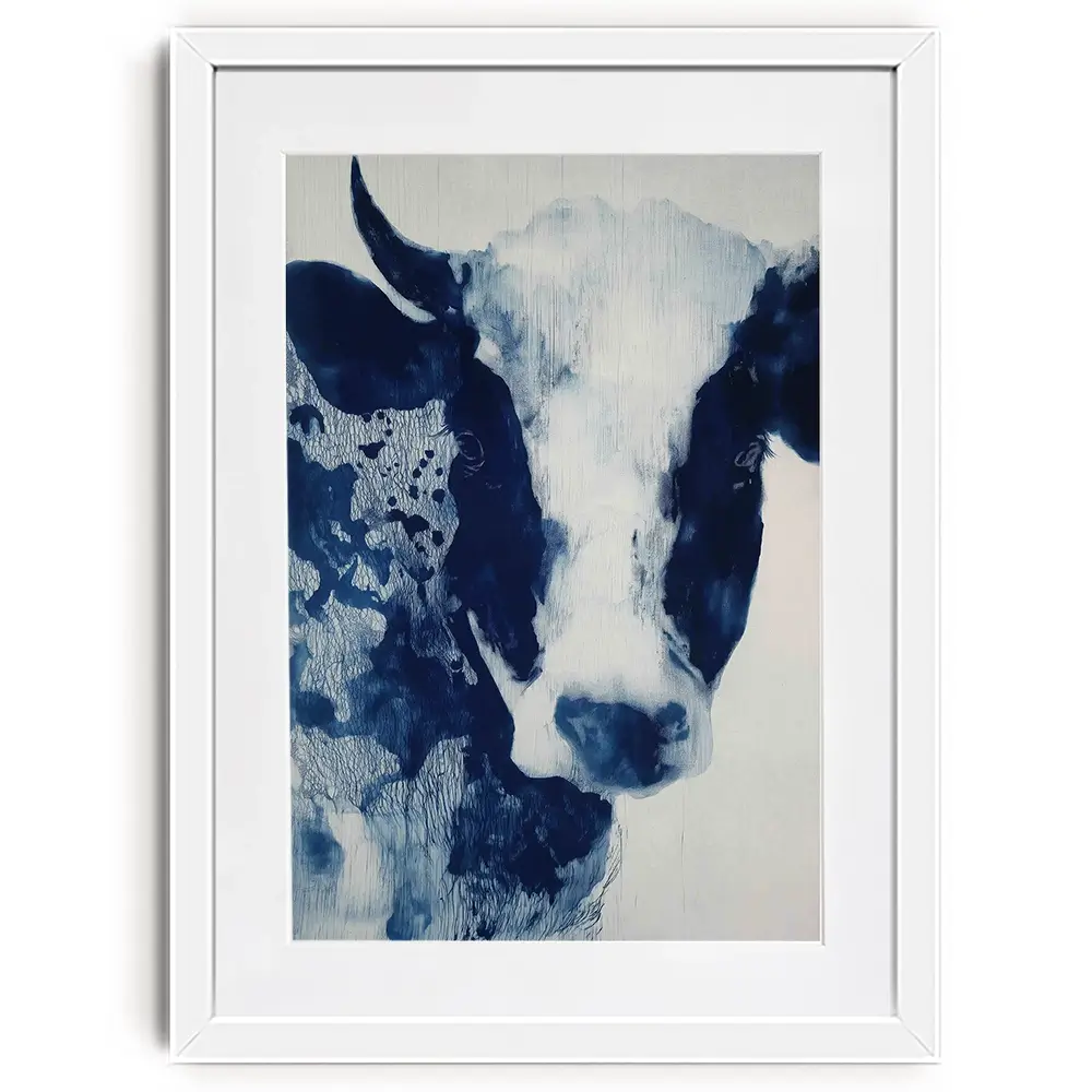 Calm Cow Portrait In Blue Framed Art Print Calm Cow Portrait In Blue Framed Art Print wall art product Chromatic Storm Studio
