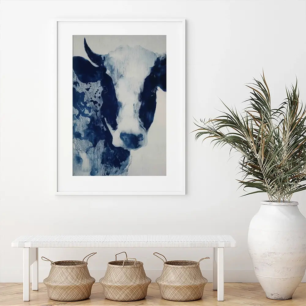 Calm Cow Portrait In Blue Framed Art Print Calm Cow Portrait In Blue Framed Art Print wall art product Chromatic Storm Studio