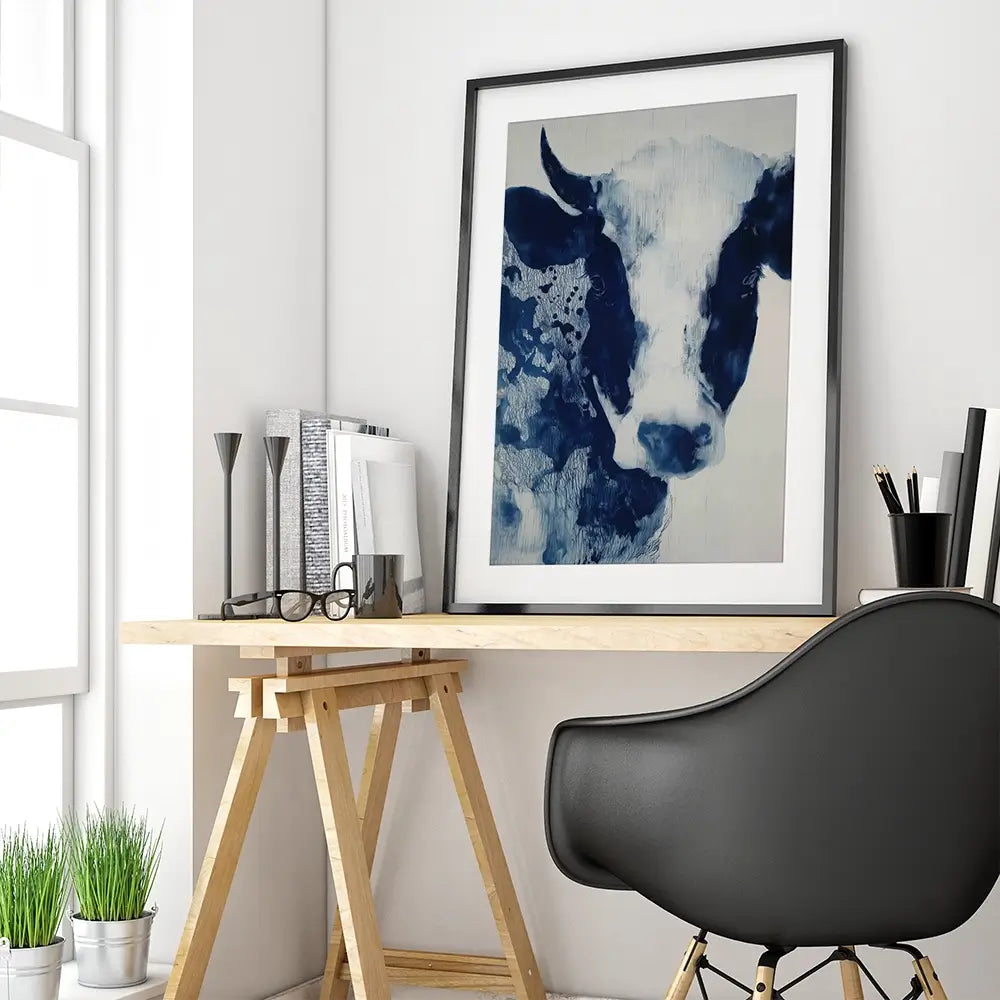 Calm Cow Portrait In Blue Framed Art Print Calm Cow Portrait In Blue Framed Art Print wall art product Chromatic Storm Studio