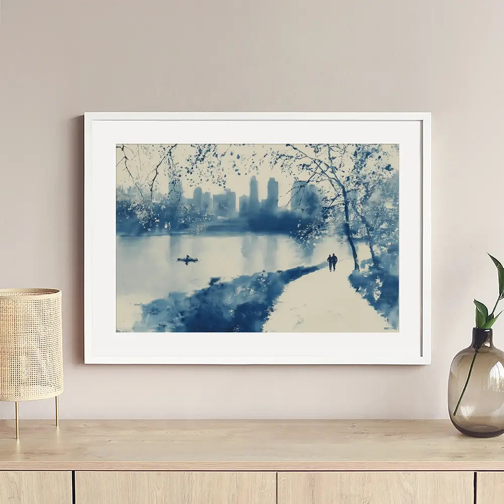 Central Park Lakeside Winter Path Framed Art Print Central Park Lakeside Winter Path Framed Art Print wall art product Chromatic Storm Studio