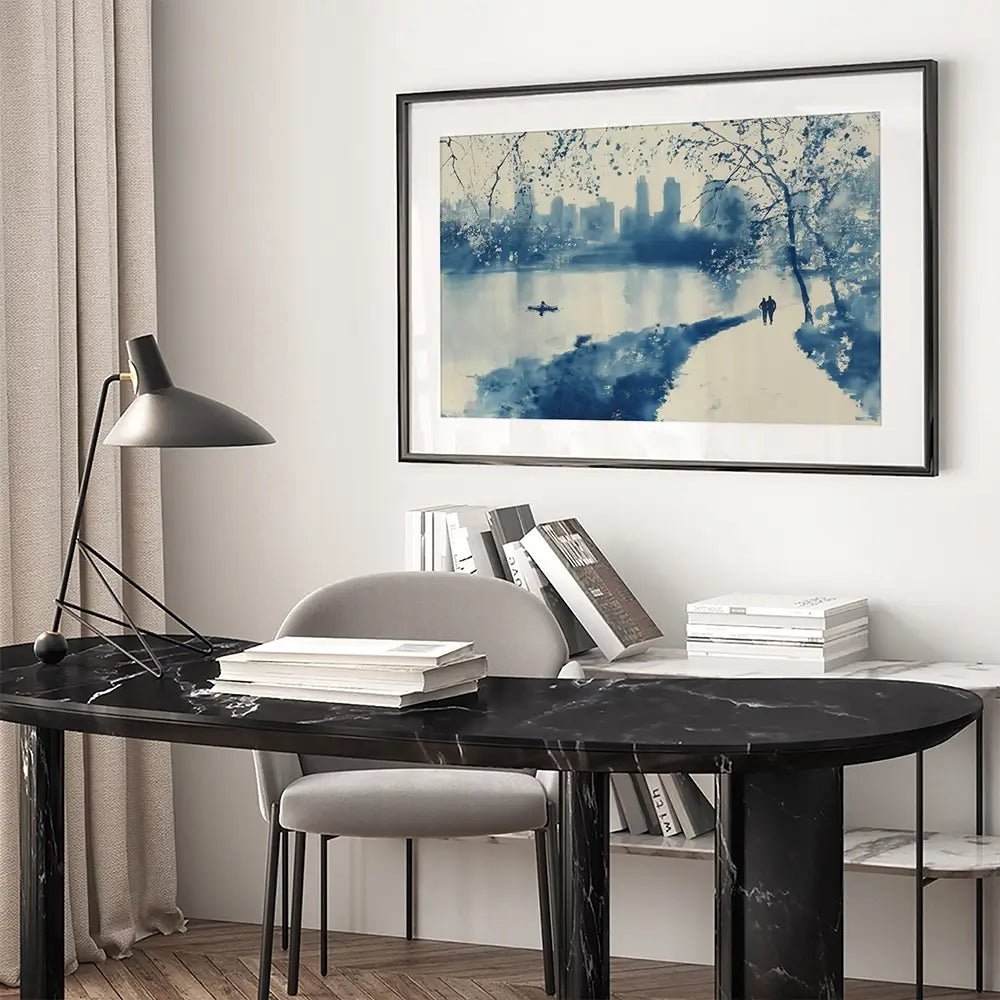 Central Park Lakeside Winter Path Framed Art Print Central Park Lakeside Winter Path Framed Art Print wall art product Chromatic Storm Studio