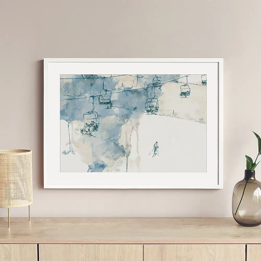 Chairlift And Solitary Skier Framed Art Print Chairlift And Solitary Skier Framed Art Print wall art product Chromatic Storm Studio
