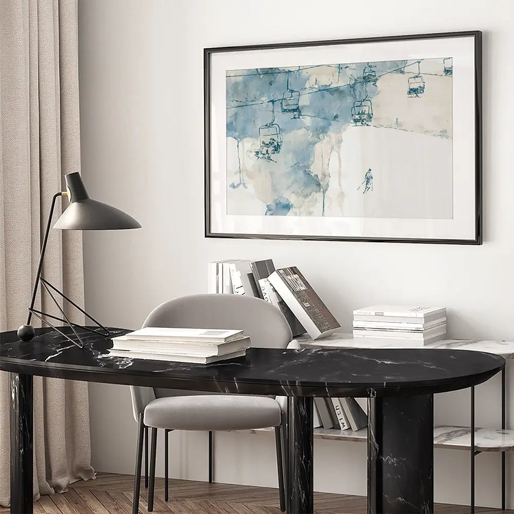 Chairlift And Solitary Skier Framed Art Print Chairlift And Solitary Skier Framed Art Print wall art product Chromatic Storm Studio