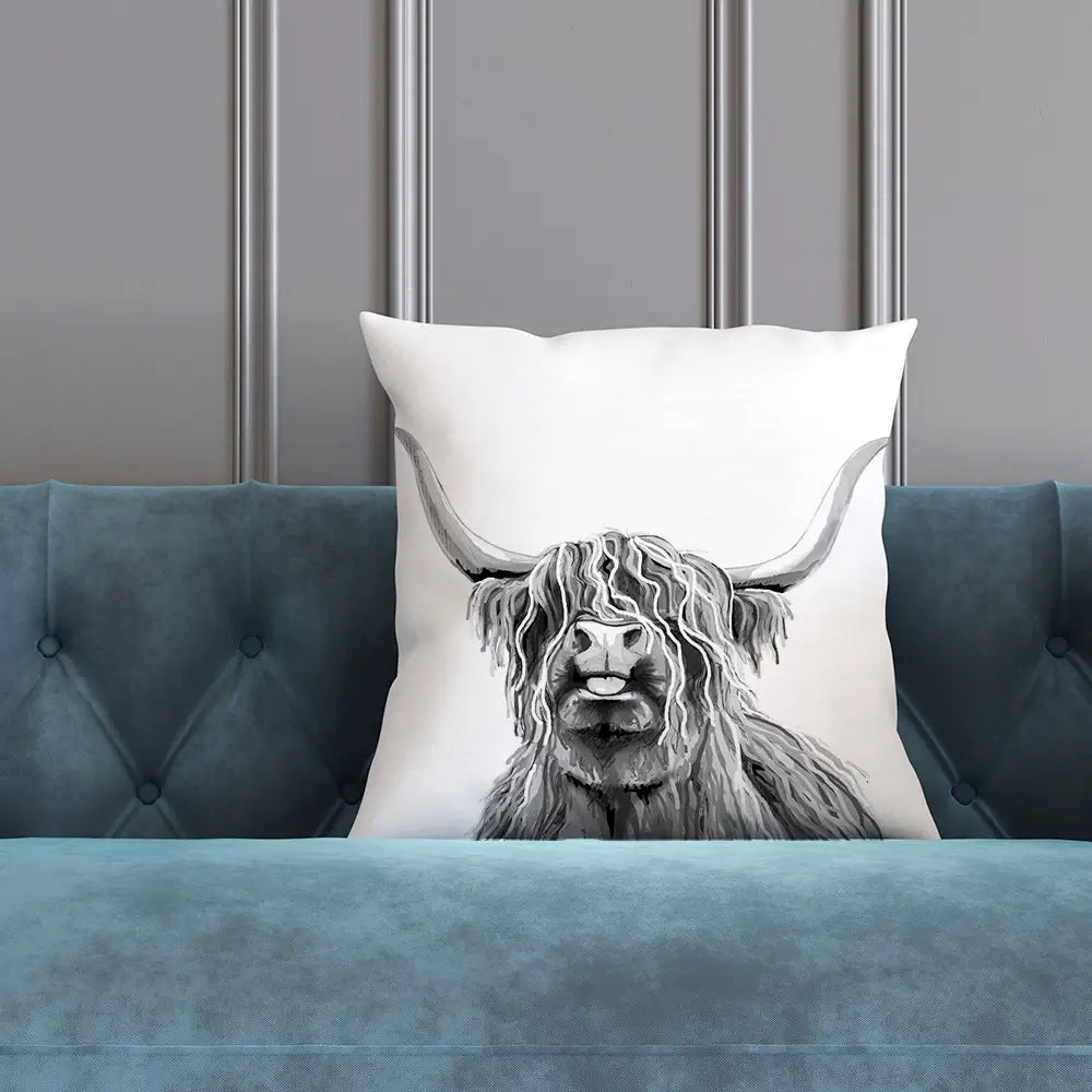 Cheeky Black And White Highland Cow Cushion Cheeky Black And White Highland Cow Cushion wall art product Art Print Shop