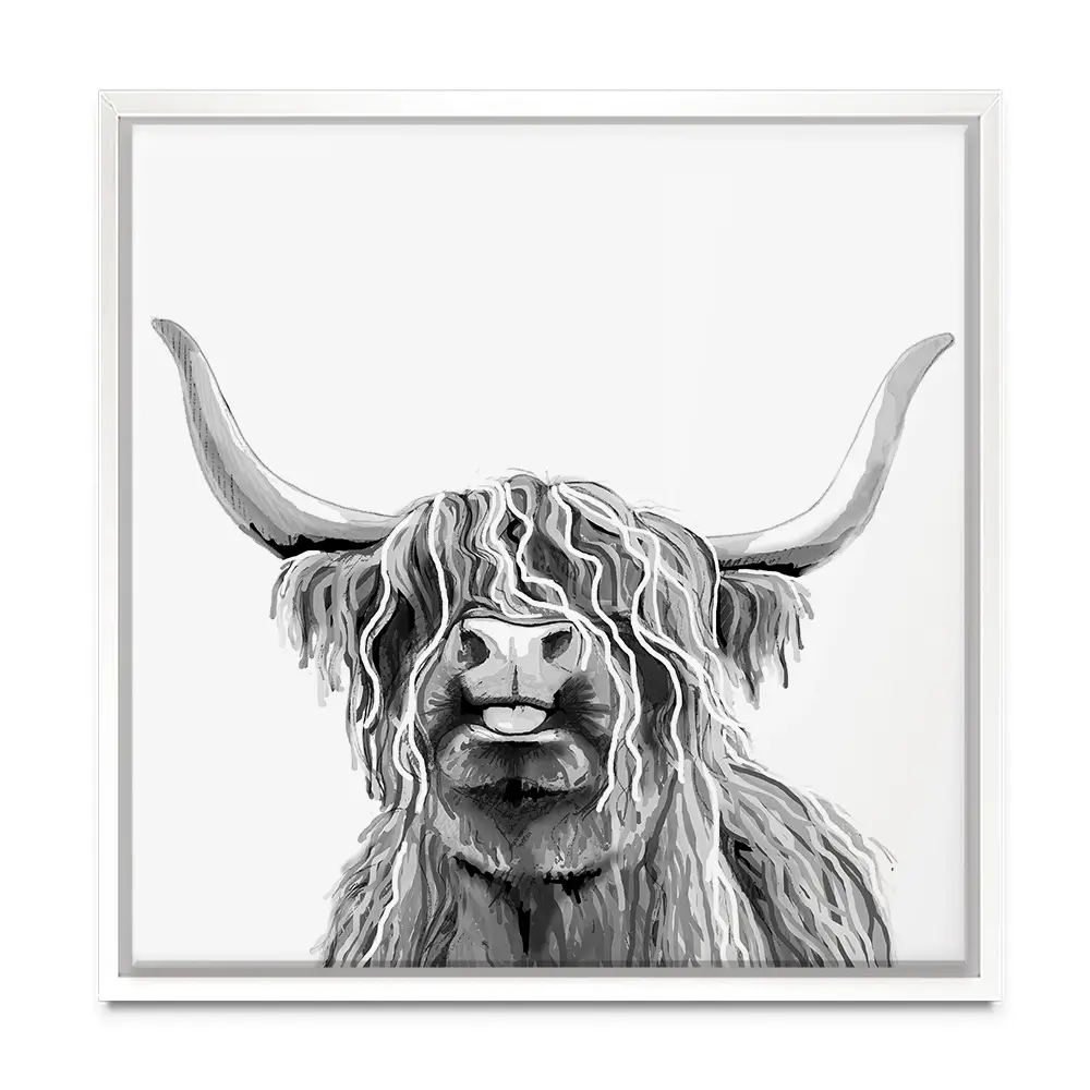 Cheeky Black And White Highland Cow Square Canvas Print Cheeky Black And White Highland Cow Square Canvas Print wall art product Art Print Shop