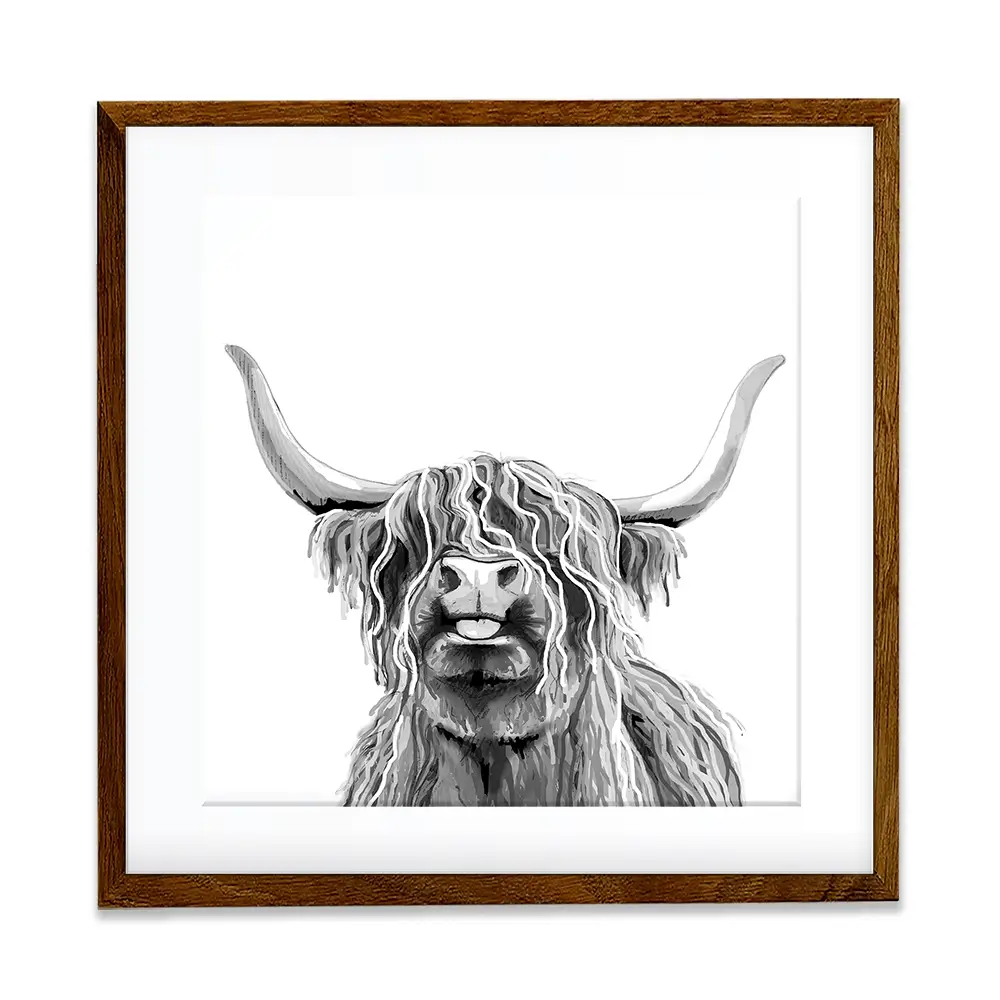 Cheeky Black And White Highland Cow Square Framed Art Print Cheeky Black And White Highland Cow Square Framed Art Print wall art product Art Print Shop