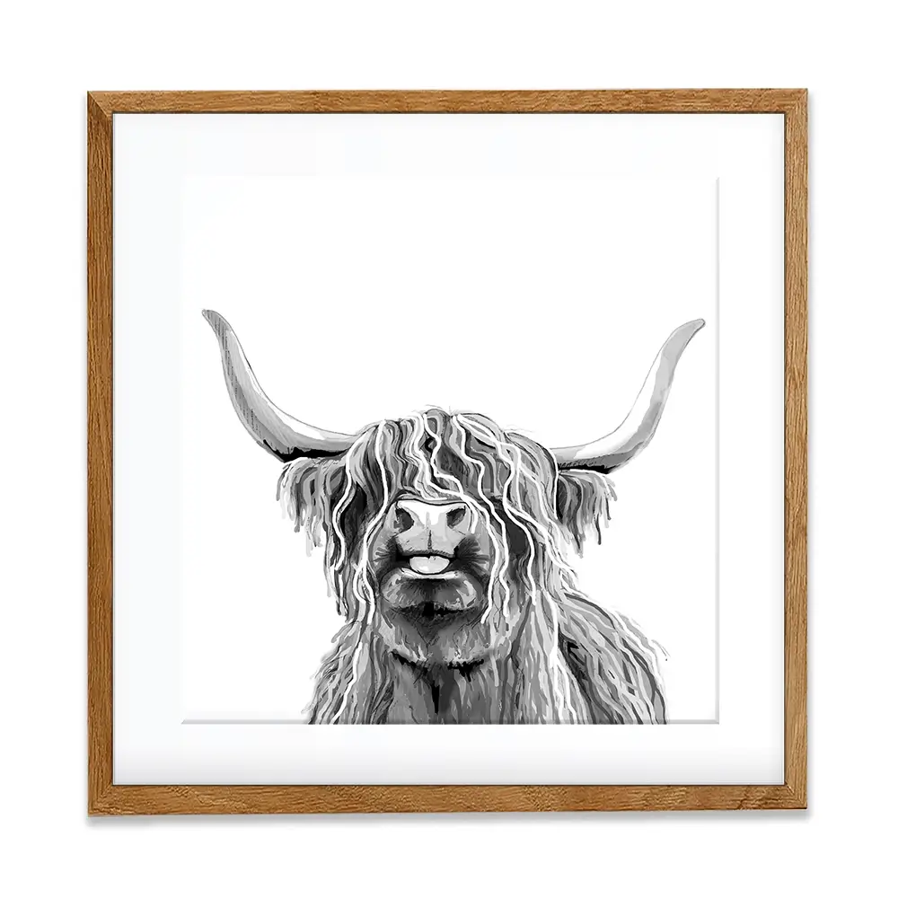 Cheeky Black And White Highland Cow Square Framed Art Print Cheeky Black And White Highland Cow Square Framed Art Print wall art product Art Print Shop