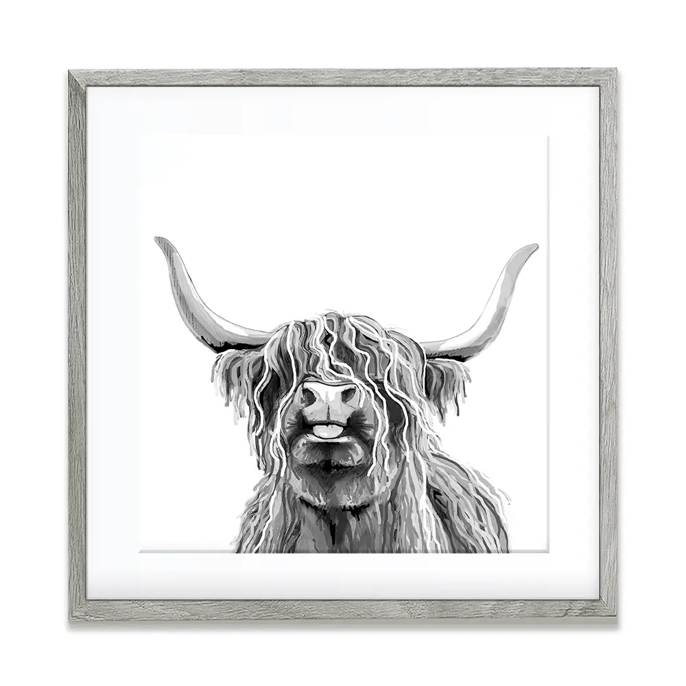 Cheeky Black And White Highland Cow Square Framed Art Print Cheeky Black And White Highland Cow Square Framed Art Print wall art product Art Print Shop