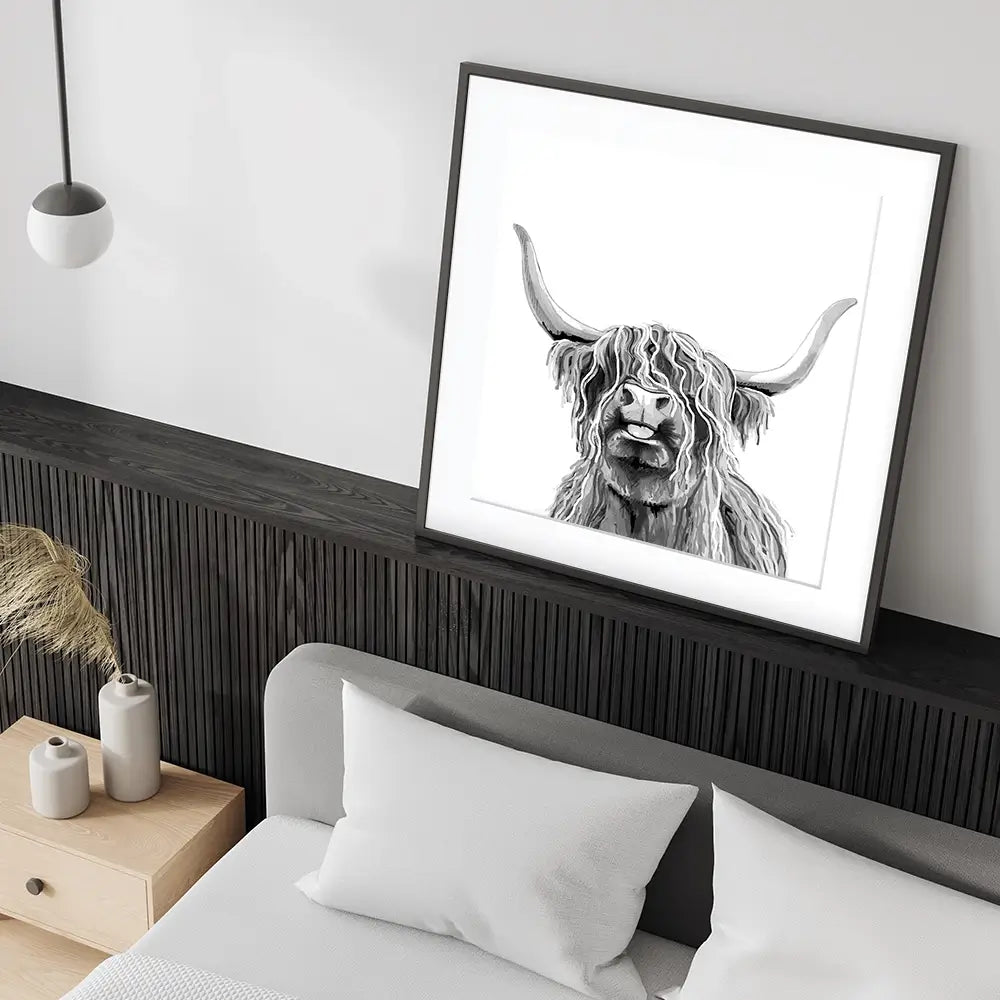 Cheeky Black And White Highland Cow Square Framed Art Print Cheeky Black And White Highland Cow Square Framed Art Print wall art product Art Print Shop