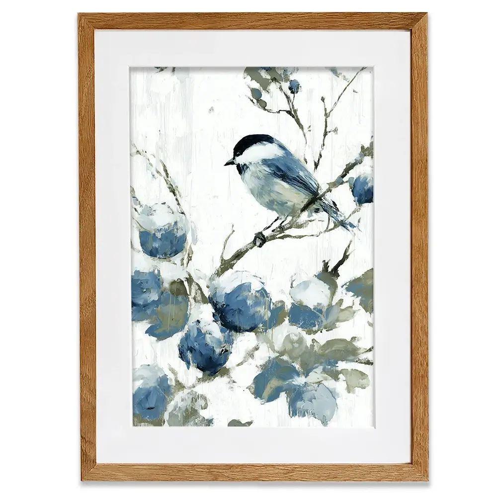 Chickadee Among Soft Blooms Framed Art Print Chickadee Among Soft Blooms Framed Art Print wall art product Chromatic Storm Studio