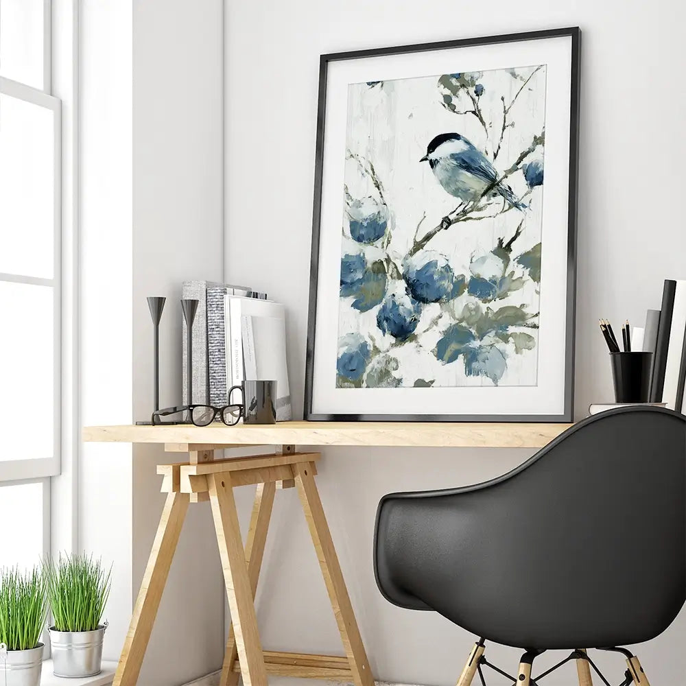 Chickadee Among Soft Blooms Framed Art Print Chickadee Among Soft Blooms Framed Art Print wall art product Chromatic Storm Studio