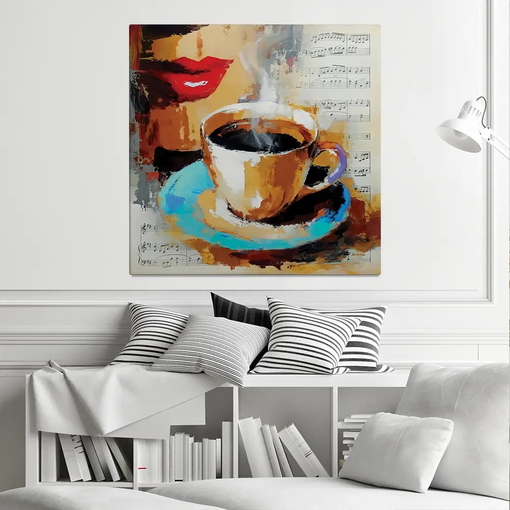 Coffee Cup And Musical Notes Square Canvas Print Coffee Cup And Musical Notes Square Canvas Print wall art product Leon Devenice