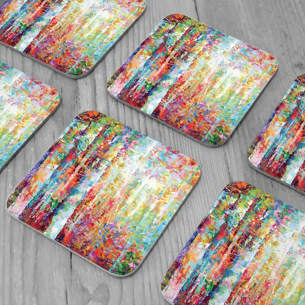 Colourful Abstract Birch Trees Coaster Set Colourful Abstract Birch Trees Coaster Set wall art product Leon Devenice
