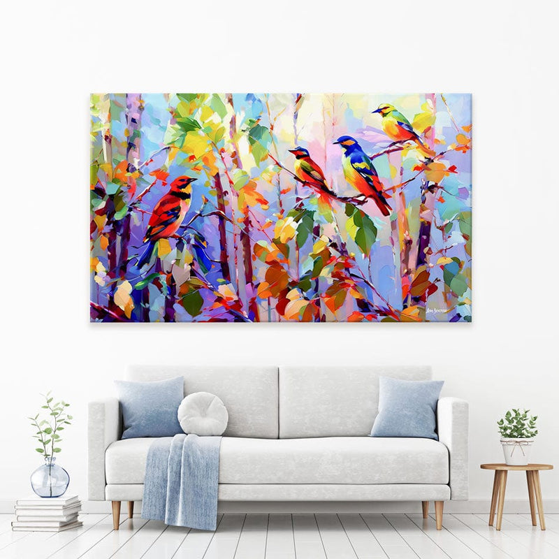 Colourful Birds Chirping Canvas Print wall art product Leon Devenice