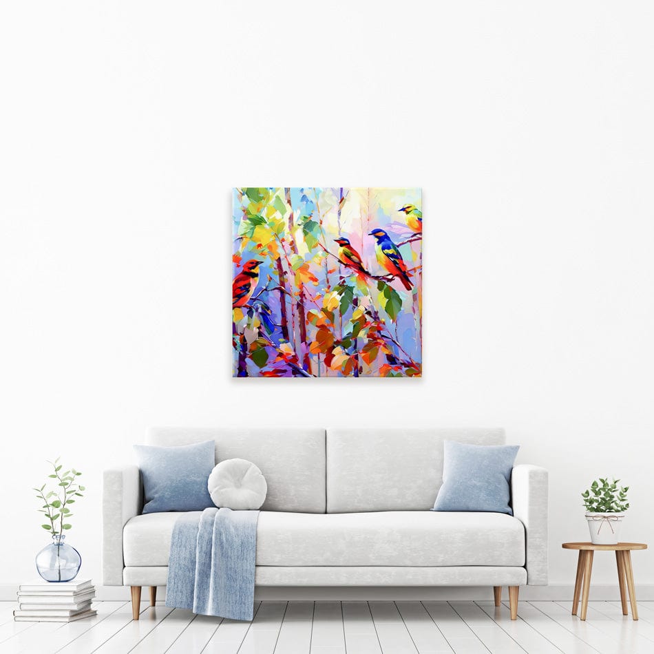 Colourful Birds Chirping Square Canvas Print wall art product Leon Devenice