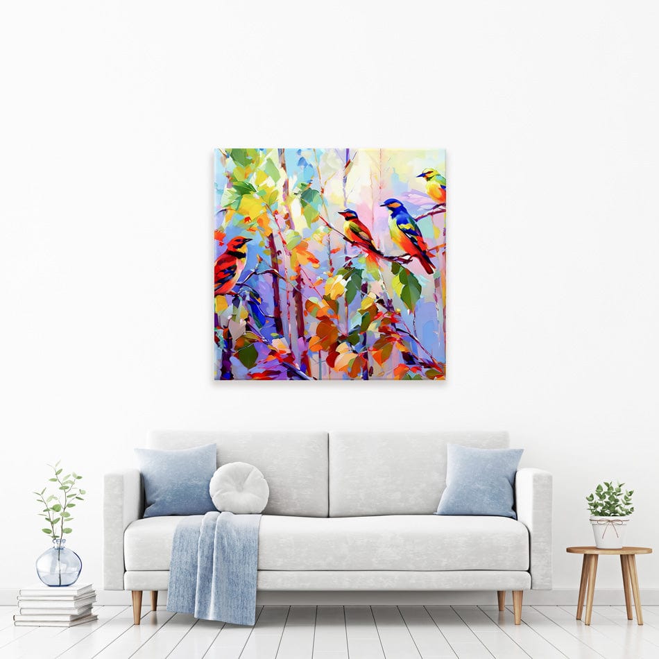 Colourful Birds Chirping Square Canvas Print wall art product Leon Devenice