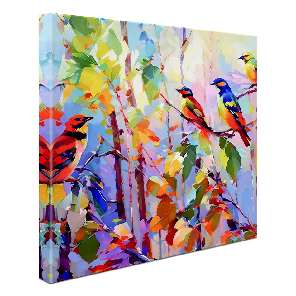 Colourful Birds Chirping Square Canvas Print wall art product Leon Devenice