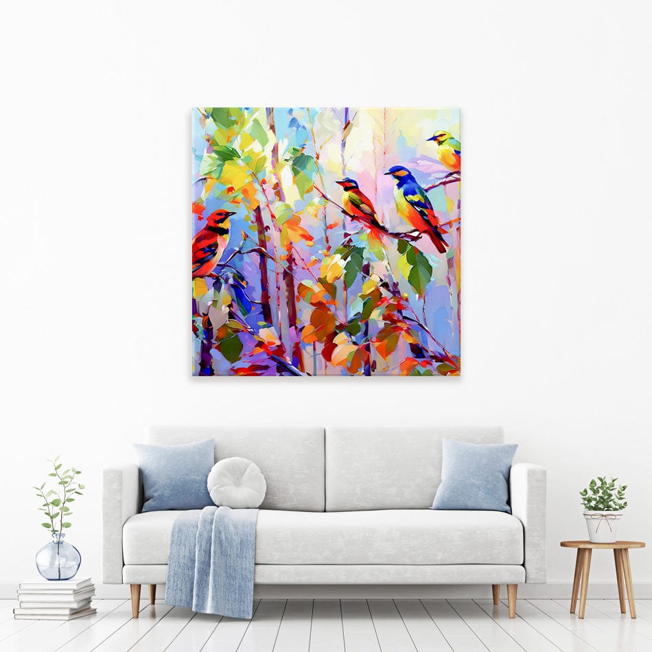 Colourful Birds Chirping Square Canvas Print wall art product Leon Devenice