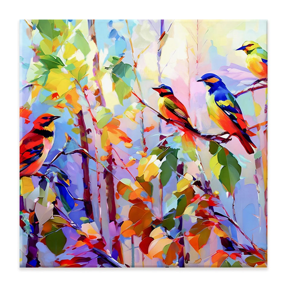 Colourful Birds Chirping Square Canvas Print wall art product Leon Devenice