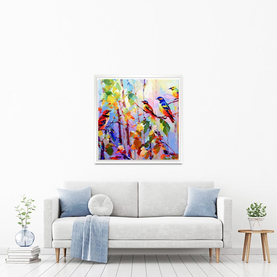 Colourful Birds Chirping Square Canvas Print wall art product Leon Devenice