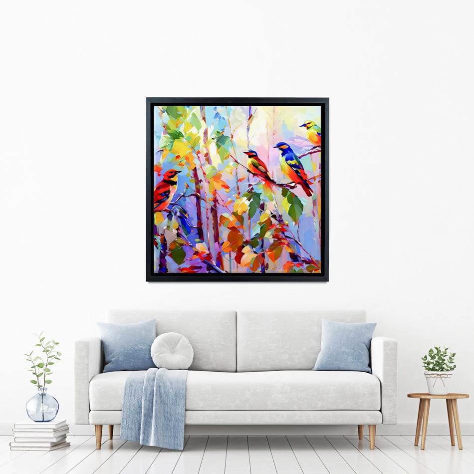 Colourful Birds Chirping Square Canvas Print wall art product Leon Devenice