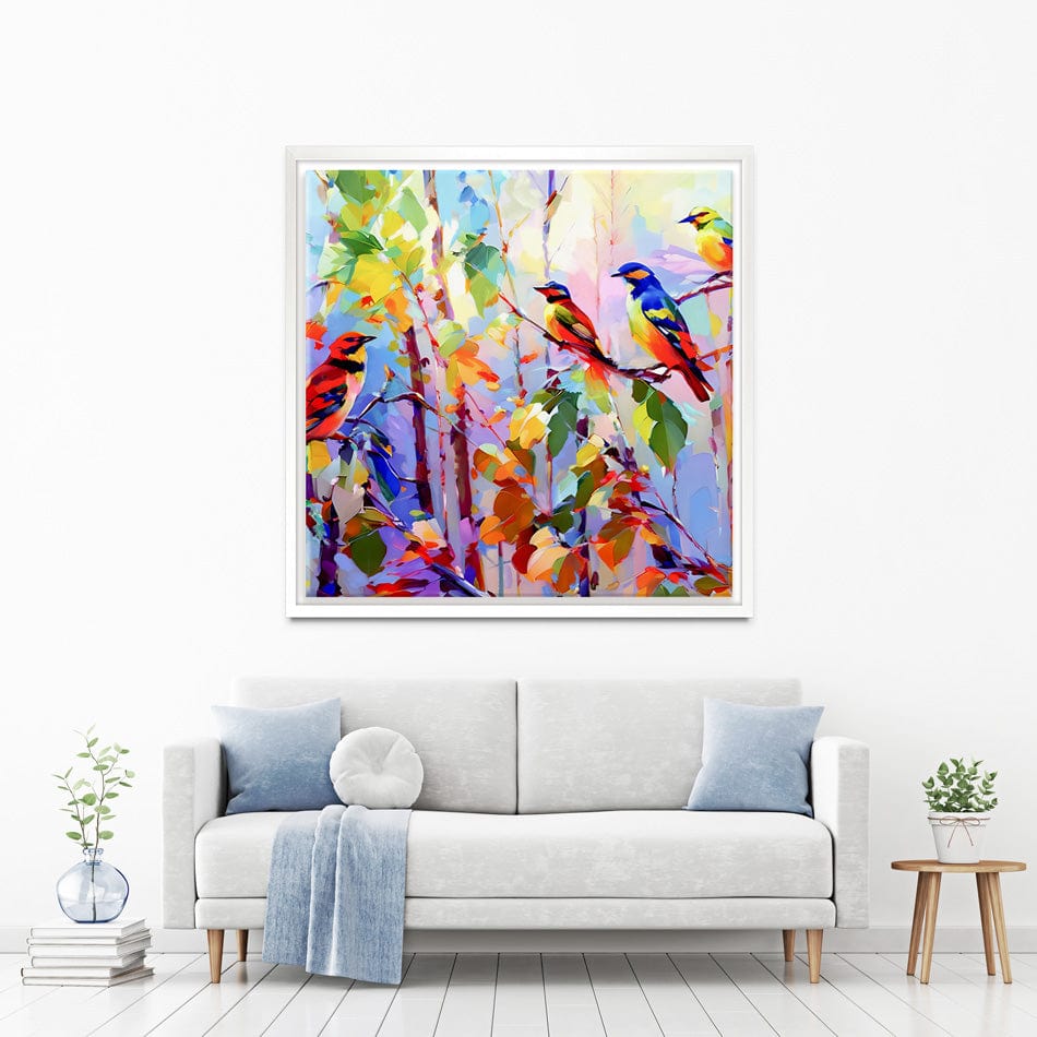 Colourful Birds Chirping Square Canvas Print wall art product Leon Devenice