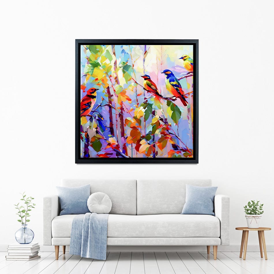 Colourful Birds Chirping Square Canvas Print wall art product Leon Devenice