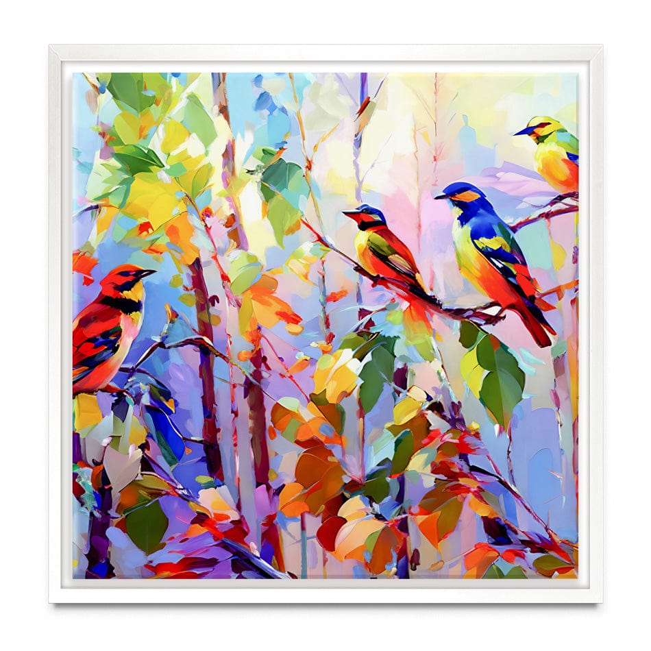 Colourful Birds Chirping Square Canvas Print wall art product Leon Devenice