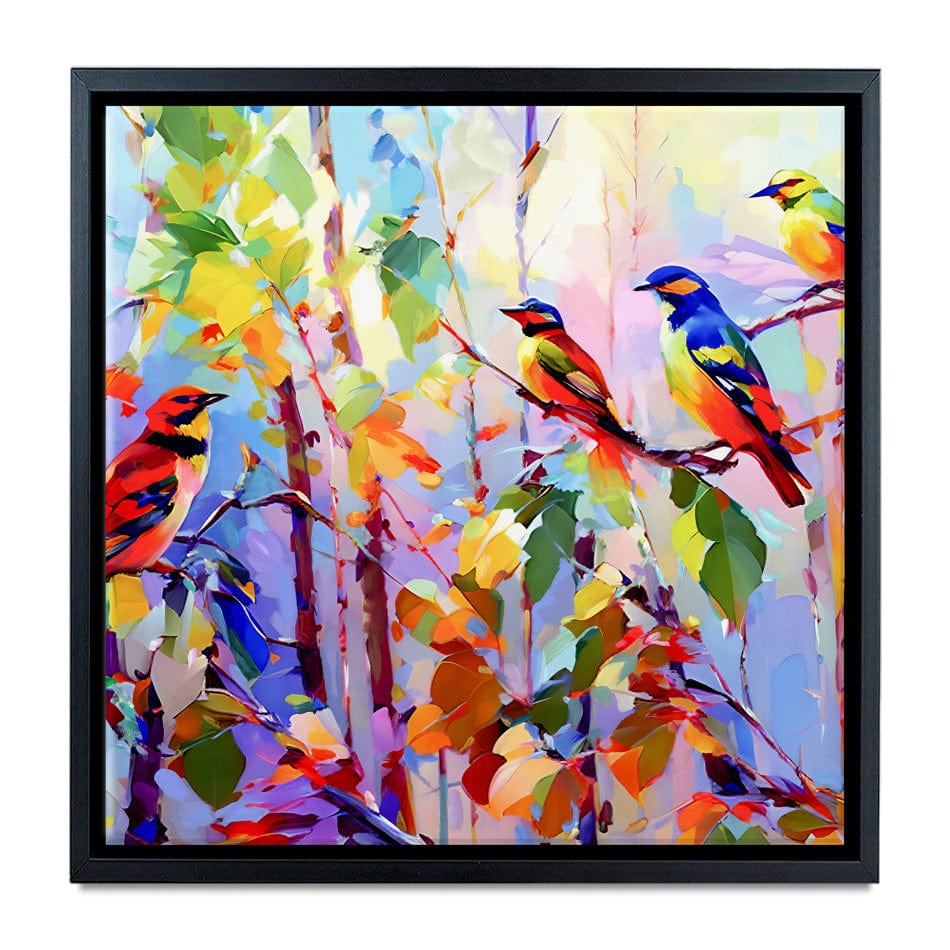 Colourful Birds Chirping Square Canvas Print wall art product Leon Devenice