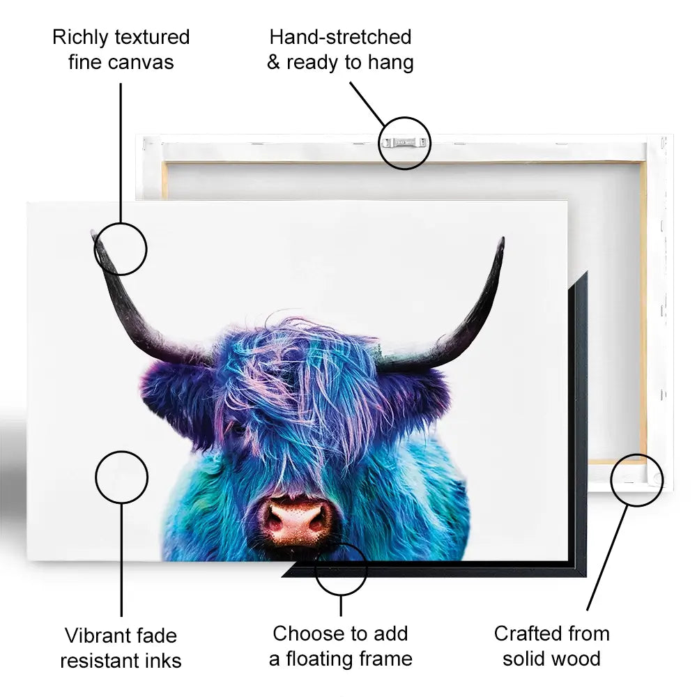 Colourful Blue Highland Cow Canvas Print Colourful Blue Highland Cow Canvas Print wall art product Patricia Chumillas / Shutterstock